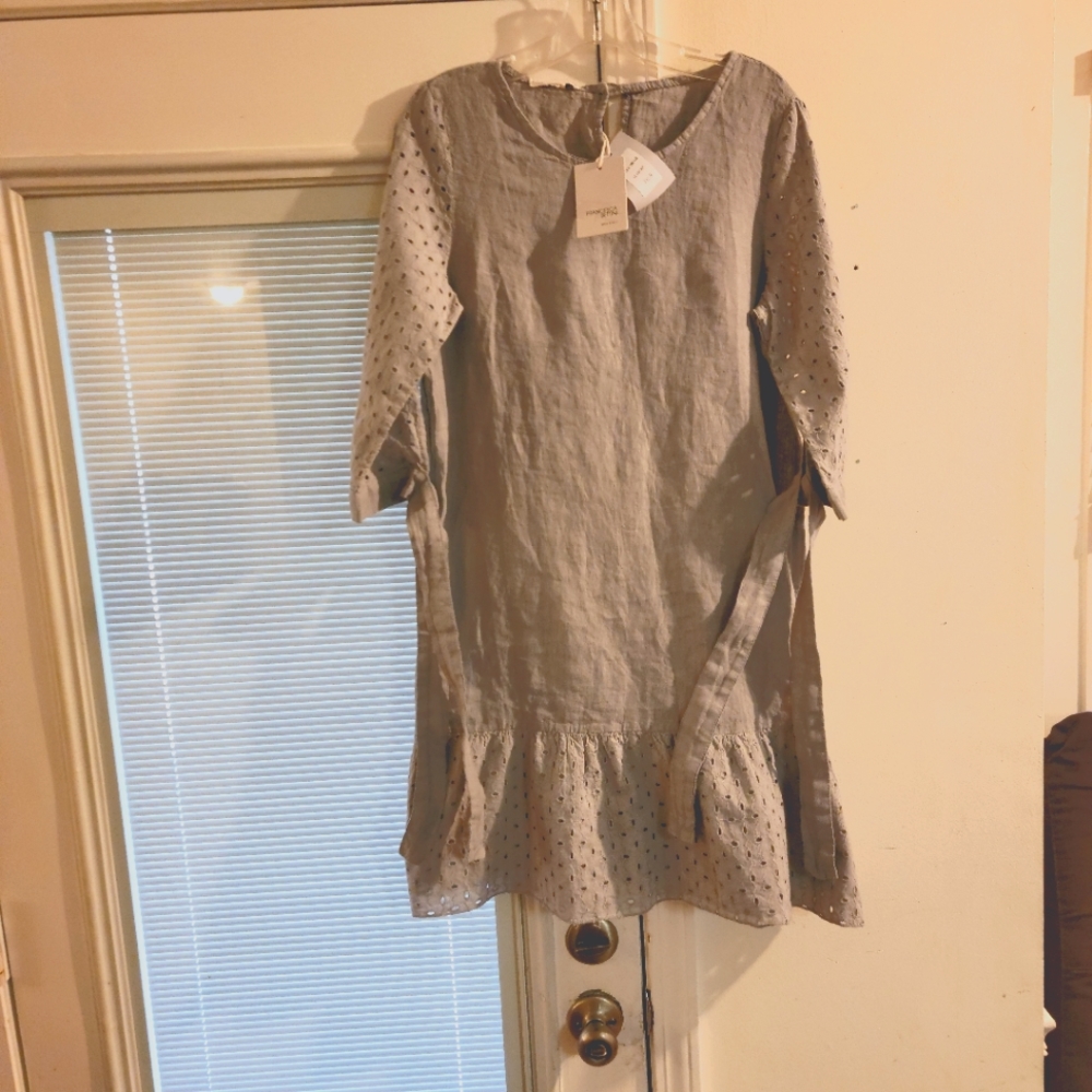 FRANCESCA BETTINI Linen Eyelet Hem Drop Waist Dress Size M Taupe NWT